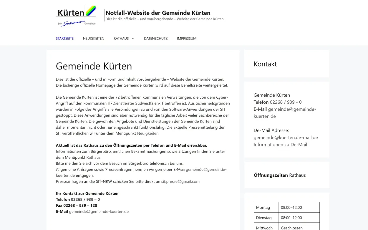 Bildschirmfoto: Gemeinde Kürten – Notfall-Website