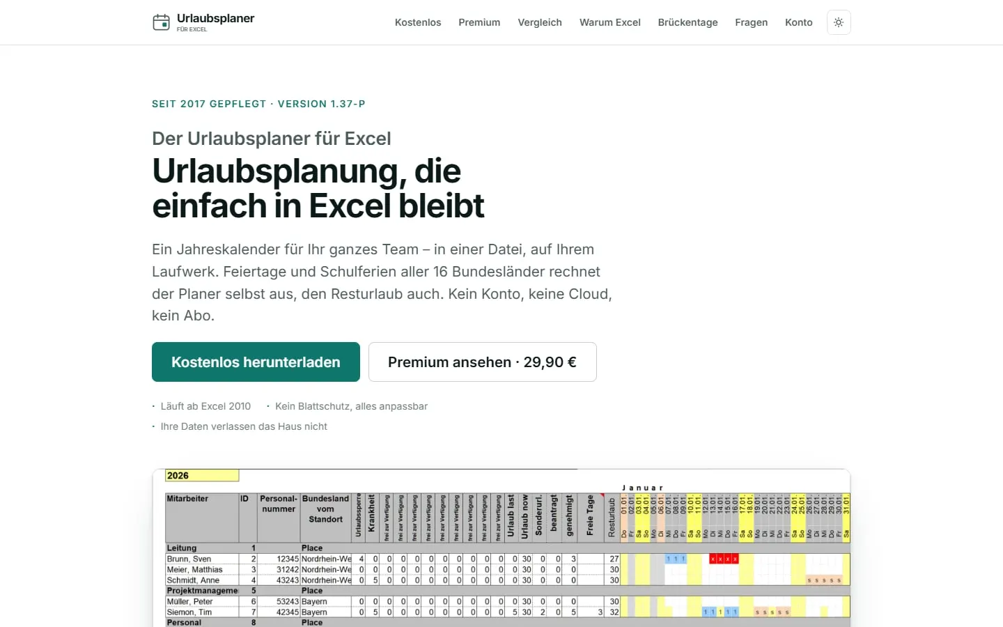 Bildschirmfoto: Urlaubsplaner für Excel
