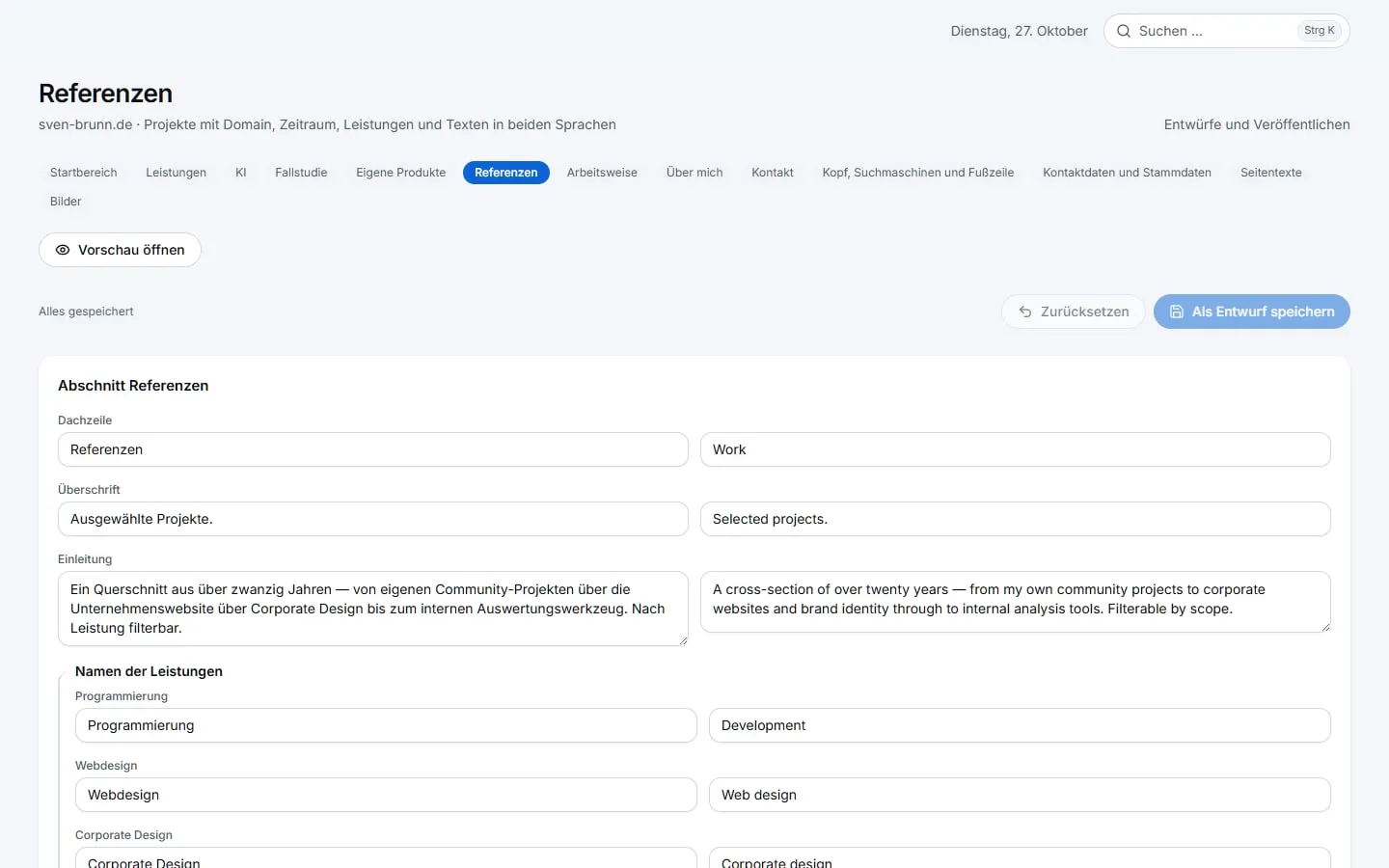 Editor für den Abschnitt Referenzen dieser Website mit deutschen und englischen Feldern nebeneinander.