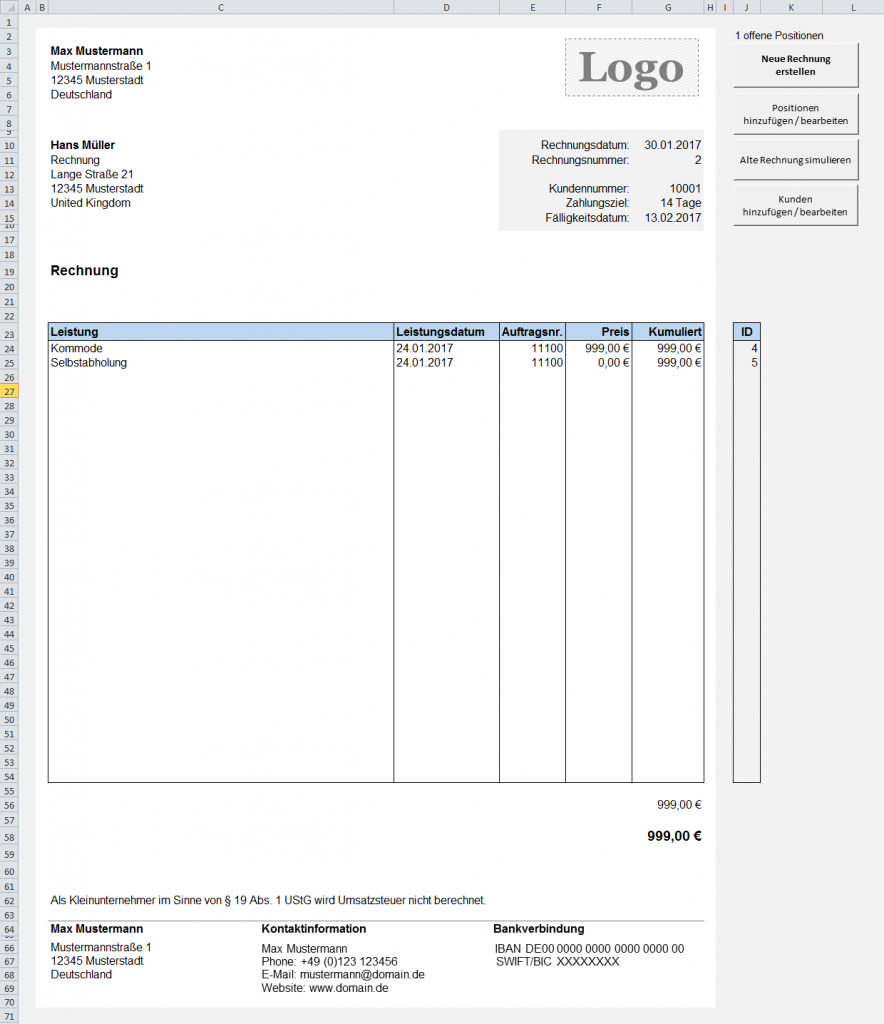 Rechnung in Excel